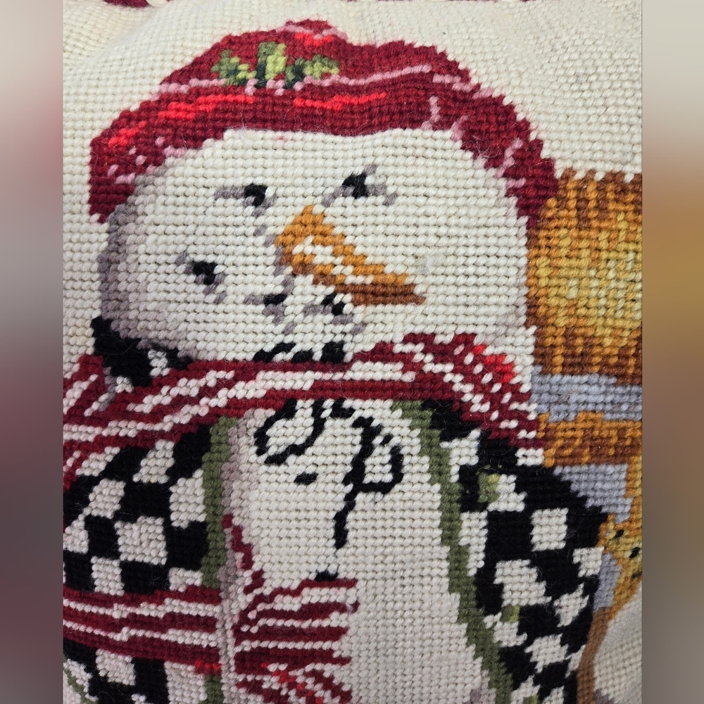 Vintage Wool Needlepoint Tapestry Pillow Snowman‎ Velvet Back Down Filled 17x13 - Picture 3 of 5